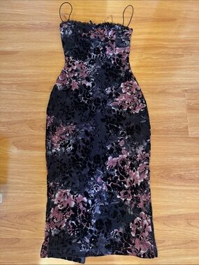 Windsor Black Floral Velvet Burnout Midi Dress with Dusty Rose Accents